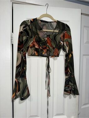 Sabora Olive Brown Multi Swirl Tie-Front Crop Top